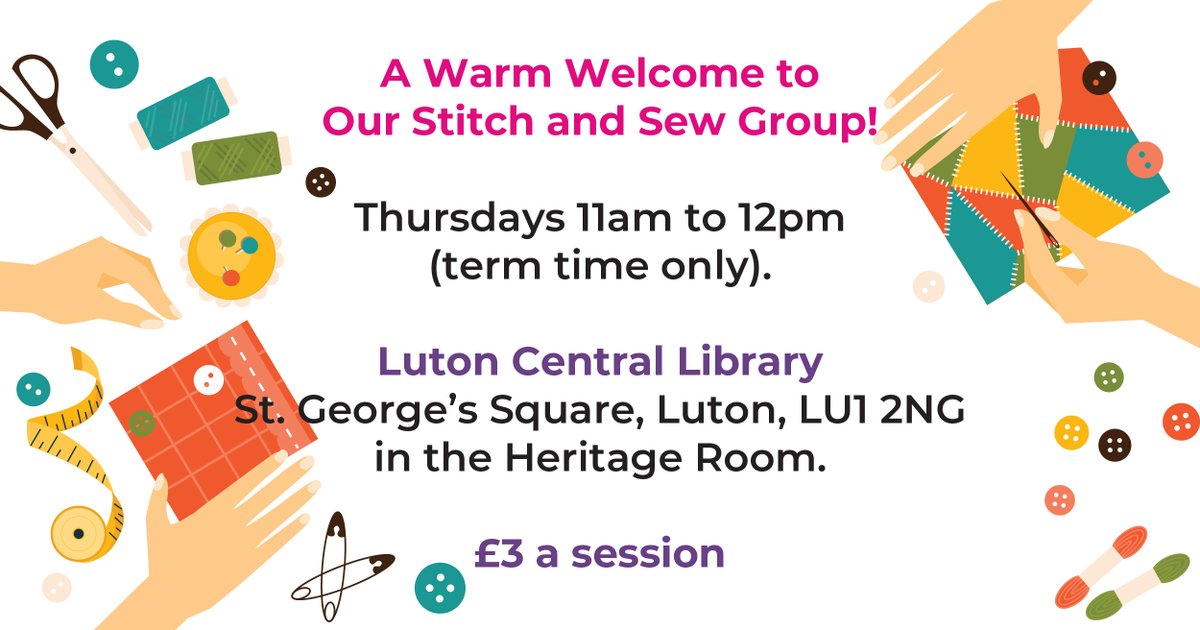 LutonLibraries's tweet photo. 🧵 A Warm Welcome to Our Stitch and Sew Group! 🧶
Join us every Thursday from 11am to 12pm, starting 7th November for a fun-filled 12-week journey at Luton Central Library!
💌 To book your spot, email Michelle: info@Lutonlibraries.co.uk
✂️ #StitchAndSew #LutonLibraries https://t.co/z4L9UwFmxa