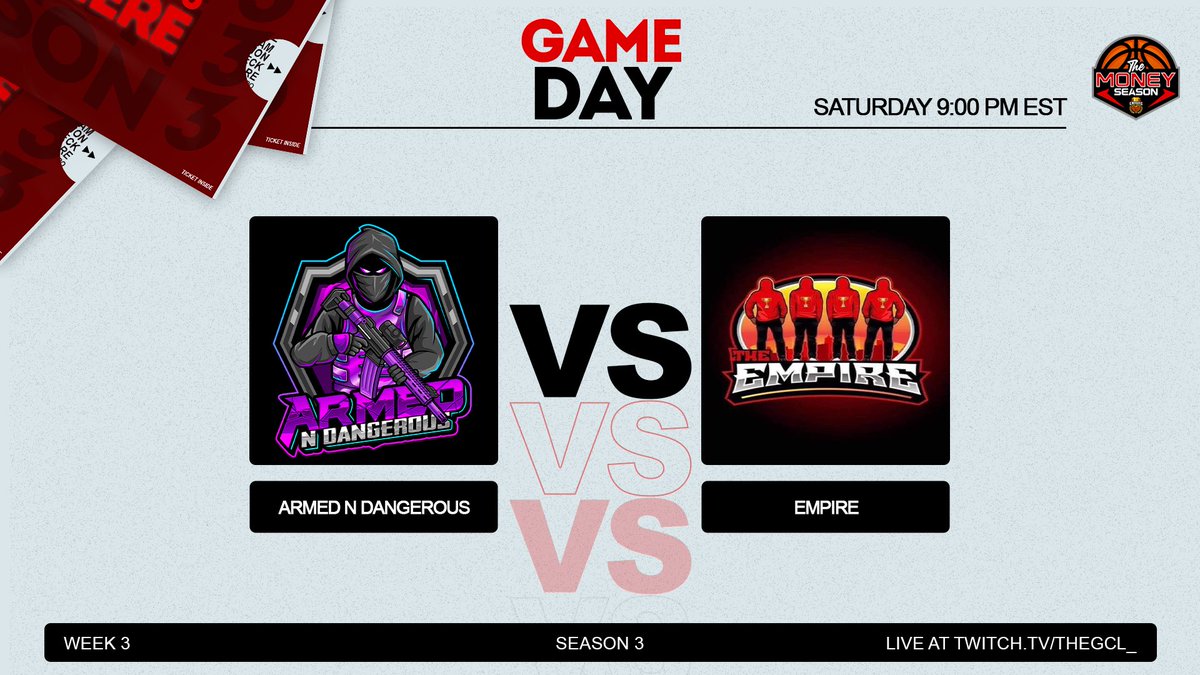 🏀SATURDAY NIGHT WEEK 3🏀

🤺: <a href="/ArmdNDangerous/">AnD</a>  (1-1) vs <a href="/llEmpireOrg/">TheEmpire</a> (1-1)

⏰: 9PM EST

📺: twitch.tv/TheGCL_

🕴️: <a href="/PupBallinn/">Pup (Hit chaser)</a> 

Who you got winning?
