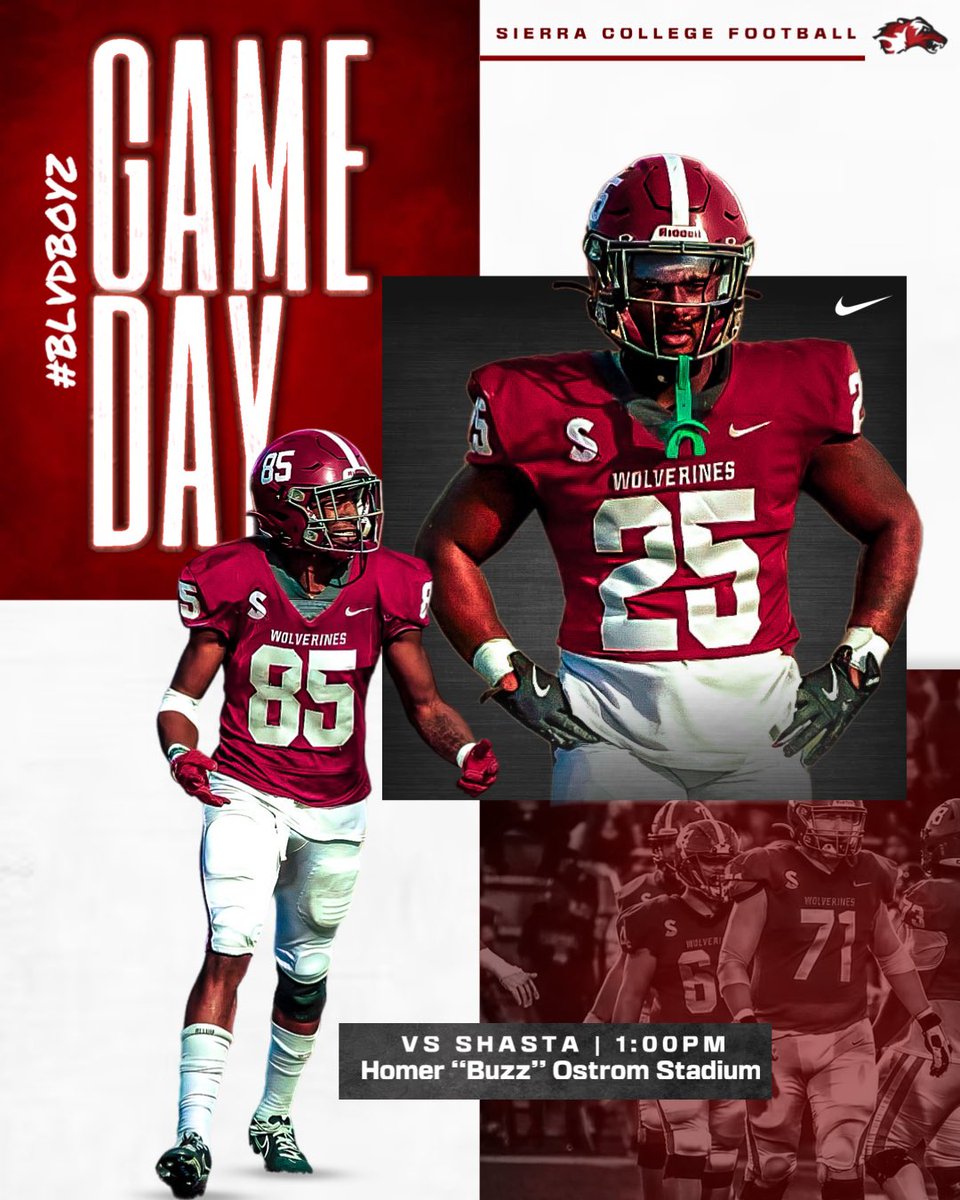 SierraCollegeFB's tweet photo. GAMEDAY! It’s Sophomore Day on the BLVD. Come support your Wolverines! 🐺🐾 #WolverineWay #BLVDBoyz https://t.co/j4BL5vI9Tk