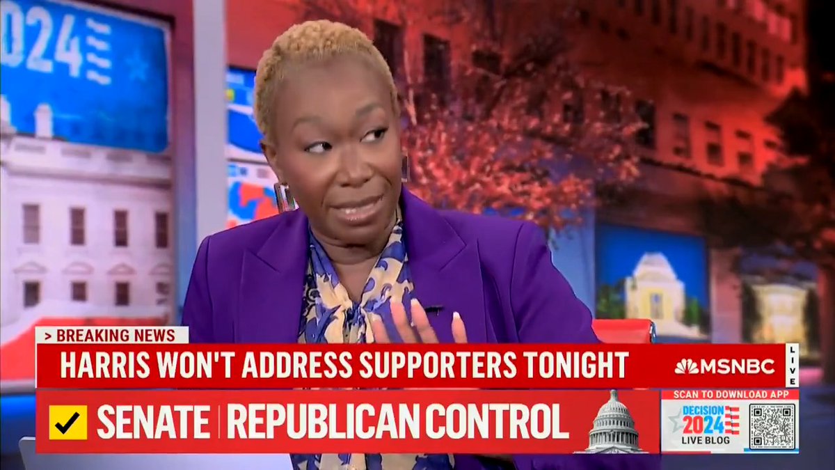 An MSNBC news broadcast screenshot showing a woman in a purple blazer speaking, with a 'BREAKING NEWS' banner reading 'HARRIS WON'T ADDRESS SUPPORTERS TONIGHT' and 'SENATE | REPUBLICAN CONTROL' marked with a checkmark for the 2024 election.