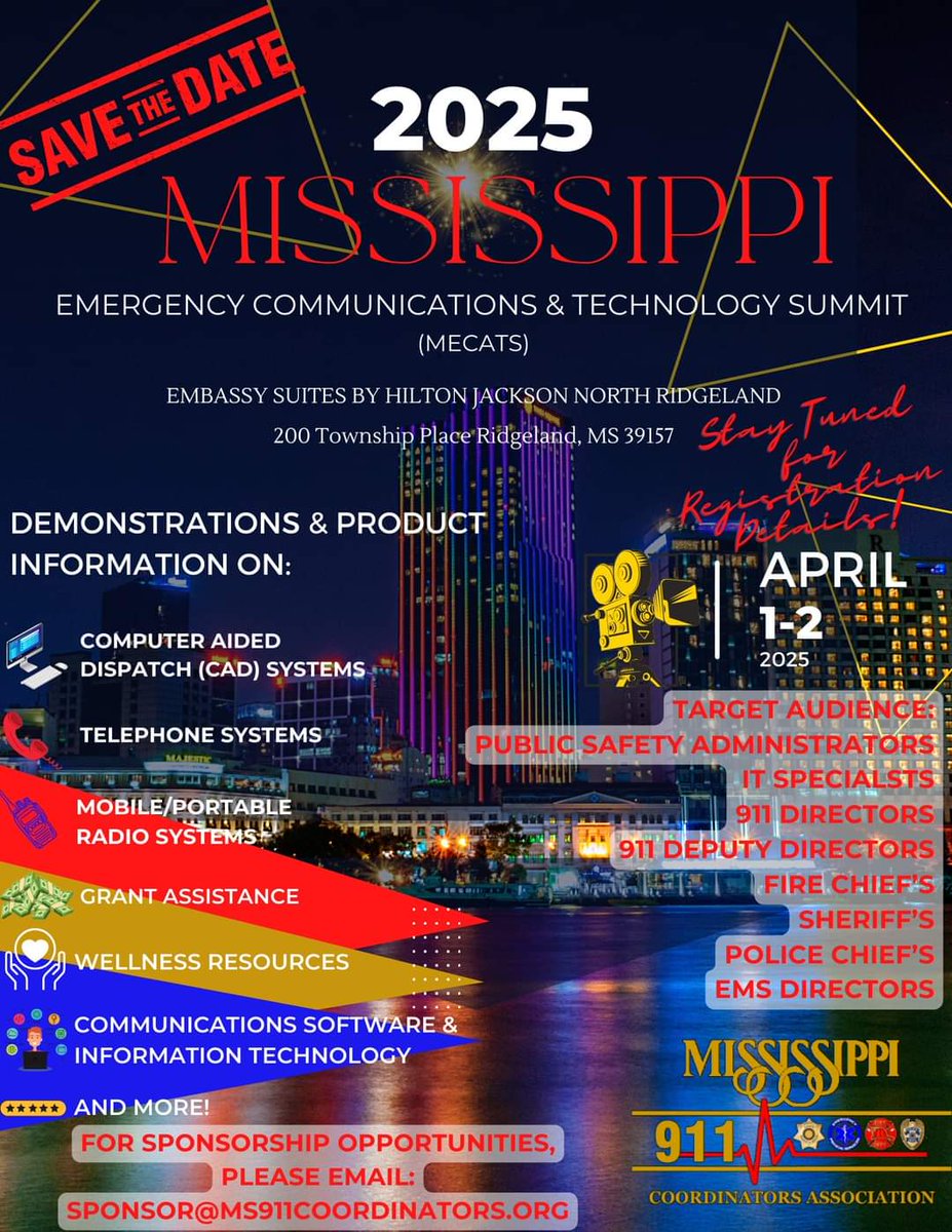 SAVE THE DATE! #MECATS2025 April 1 - 2, 2025, at the Embassy Suites by Hilton Jackson North, Ridgeland, MS 39157.
Please stay tuned for registration information! #MECATS #CollaborateInnovateInspire #MovingMSForward #MS911Heroes