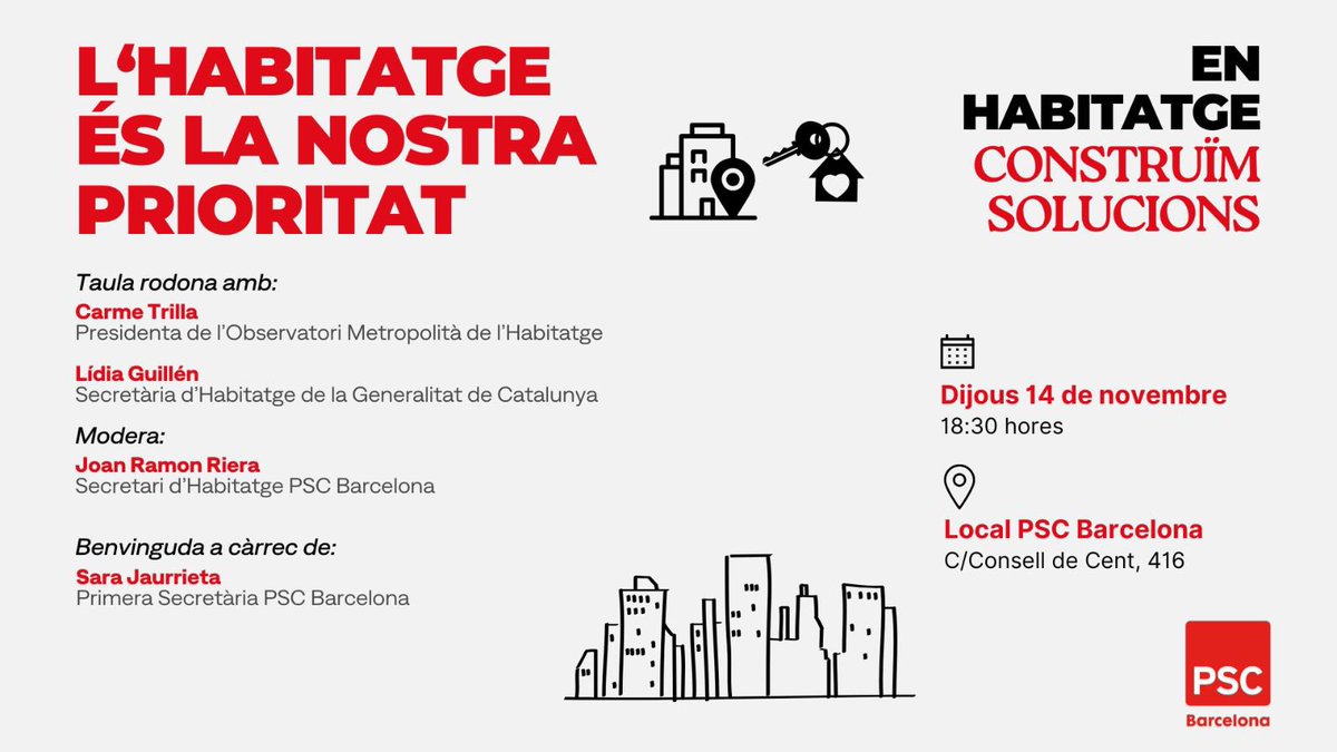 En habitatge, construïm solucions.

Us convidem a parlar d’habitatge amb Carme Trilla, Lidia Guillen, Joan Ramon Riera i Sara Jaurrieta.

📅 Quan? Dj. 14/11 - 18:30h
📍On? Consell de Cent, 416

Us hi esperem!