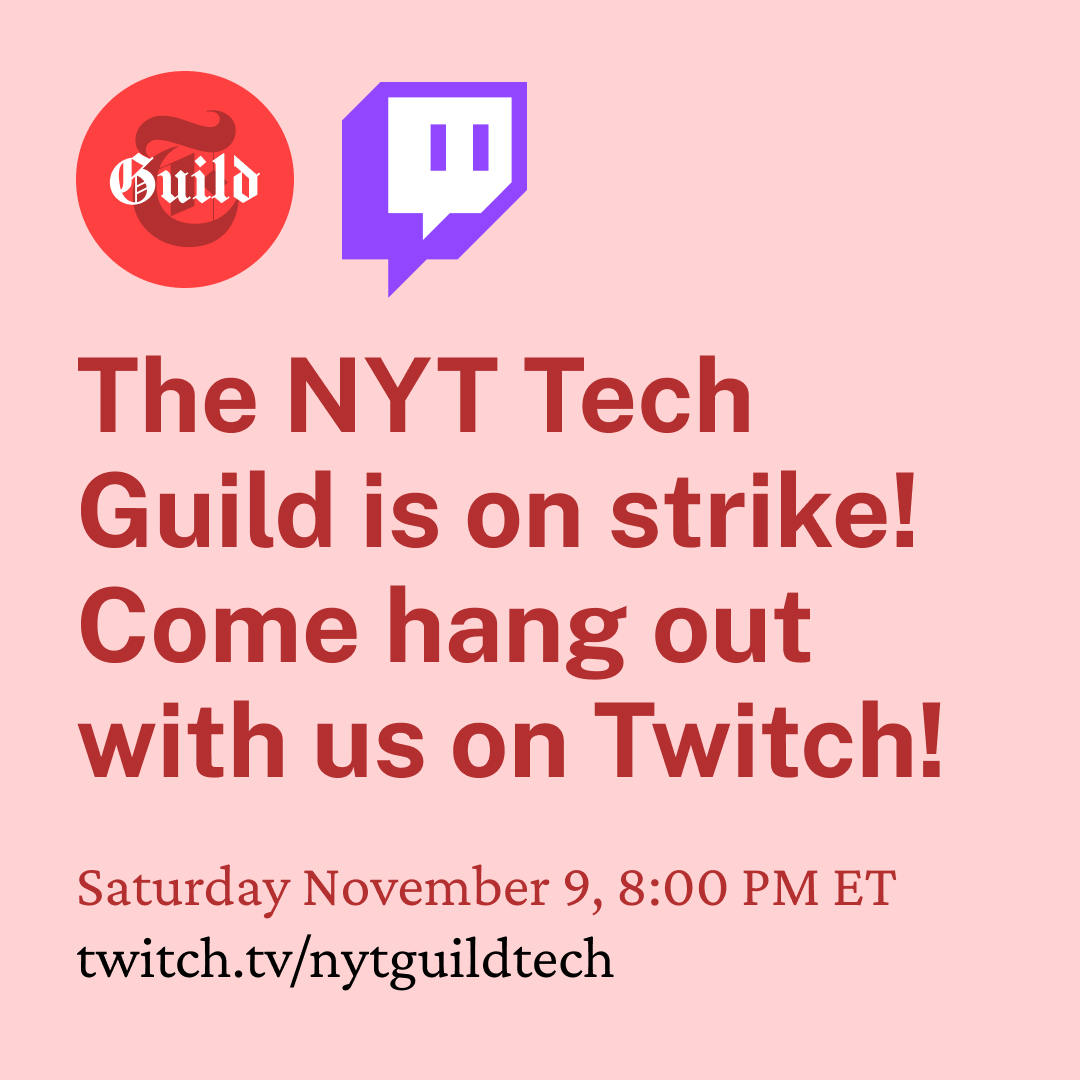 New York Times Tech Guild (@nytguildtech) on Twitter photo It's day 6 of our ULP strike at <a href="/nytimes/">The New York Times</a>. Tonight we are getting together on Twitch to share what it's like to walk out—join us! It's day 6 of our ULP strike at <a href="/nytimes/">The New York Times</a>. Tonight we are getting together on Twitch to share what it's like to walk out—join us!