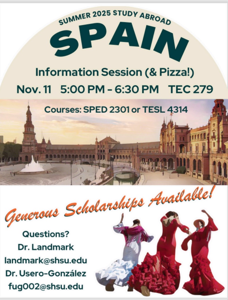 SHSUCOE's tweet photo. Dreaming of studying abroad?
.
.
Join us for an info session on November 11, from 5:00 to 6:30 pm in TEC 279, to learn all about the Summer 2025 Study Abroad program in Spain! Don’t miss this chance to explore your next big adventure! https://t.co/UtjIhsodA5