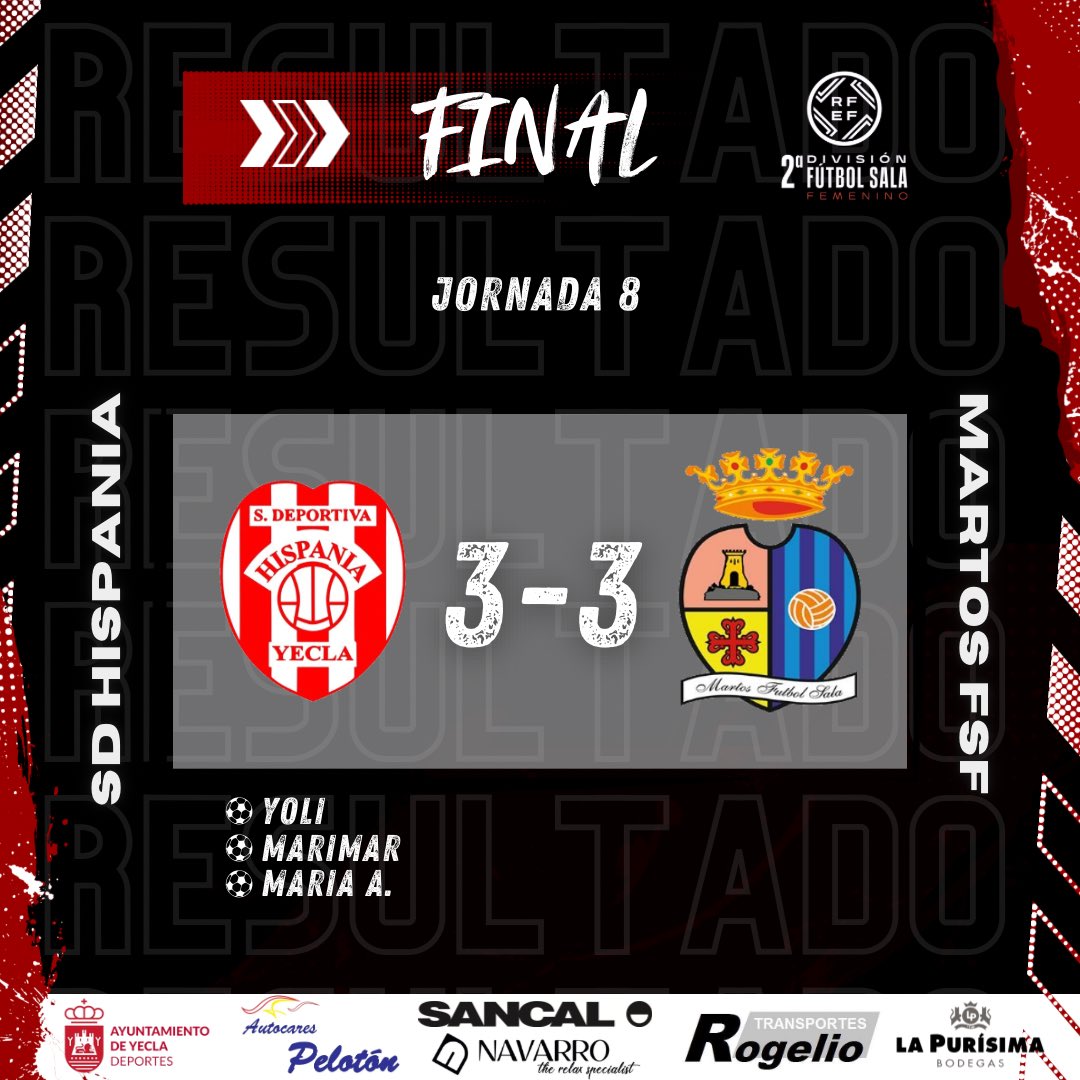 sd_hispania's tweet photo. 𝗙𝗜𝗡𝗔𝗟 |

SD Hispania 3-3 @MartosFSF 

⚽️ @Yolado10 
⚽️ @mariimaar_10 
⚽️ @mariaazorin03 

¡Seguimos equipo! 💪🏼

#SdHispania❤️🤍 https://t.co/ucvb8CHF3p