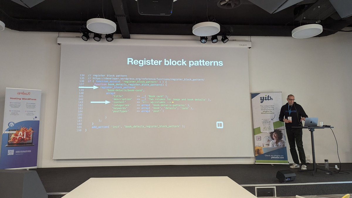 bph's tweet image. Carlo Daniele @carlodaniele talks about Block patterns in connection with custom fields and block bindings #coredays2024 in Rome #WordPress