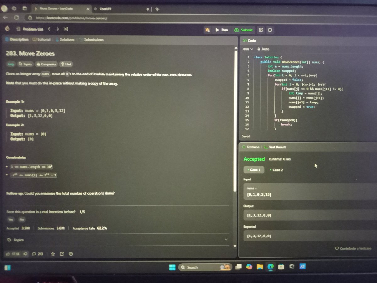 rishabhgiri024's tweet image. Today is #day3 &amp;amp; I solve #LeetCode problem 283. 1st apply brute force approach &amp;amp; successfully submitted but my beats are around 60% which is below average. After submitting on leetcode,I saw others students whom approach gives them 100% beat and i really learn from their approach