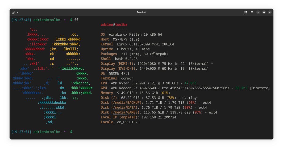 _adriend_'s tweet image. My @AlmaLinux 10 Kitten toolbox is ready !
#AlmaLinux #Toolbox