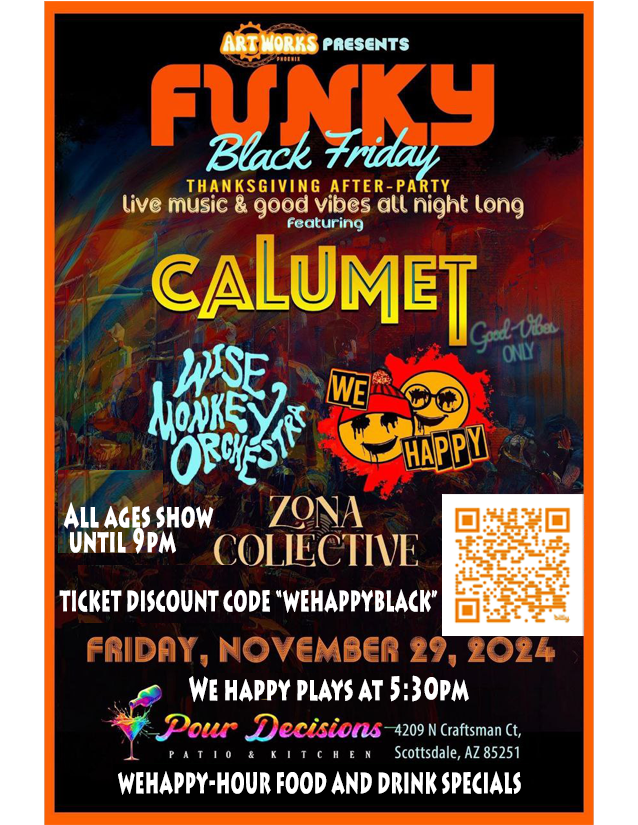 WeHappyBand's tweet photo. Our next show is Black Friday! All ages until 9pm. Use the code WEHAPPYBLACK for discounted tickets. We play at 5:30pm. https://t.co/bHFcLHB7tD