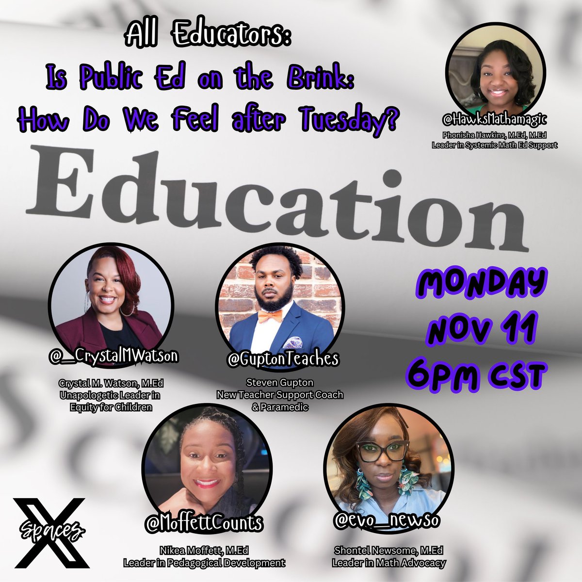 Just a conversation about how we feeling....Put us on your calendar for Nov 11 @ 6 pm CST please 🫶🏾🫶🏾🫶🏾
<a href="/_CrystalMWatson/">Dr. Crystal M. Watson</a> <a href="/GuptonTeaches/">Mr. Gupton</a> <a href="/evo_newso/">Shontel</a> <a href="/MoffettCounts/">Nikea Moffett</a> 

x.com/i/spaces/1jMJg…