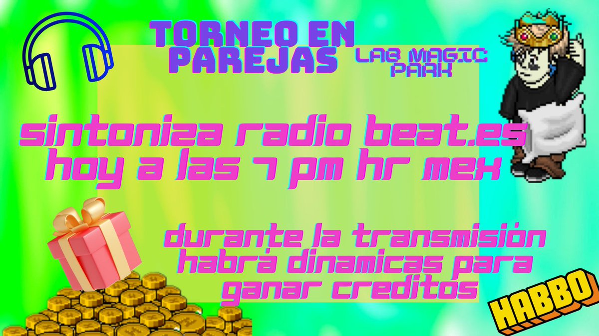 LabeMagicPark_'s tweet photo. ES HOY ES HOY!! Evento con nuestros amigos de @radiobeathabbo Si reposteas este tweet y etiquetas a un amigo entras al sorteo de 10c 
Termina hasta las 7pm mex 
Aún puedes inscribirte al torneo (también hay premios) 🥳 https://t.co/kT5ji5Oz3M
