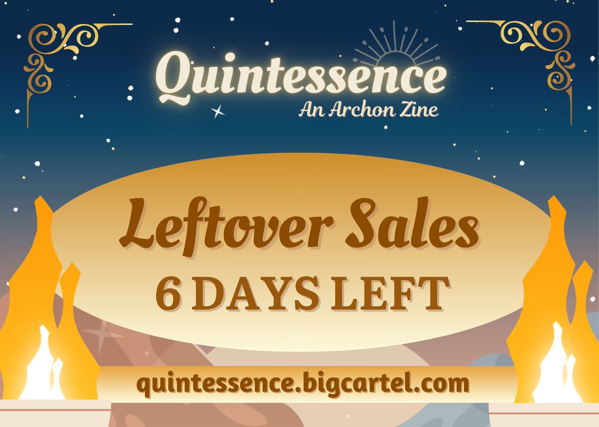 🏛️ 6 days left of Leftover Sales! 🏛️

The archons are still watching over you! They'd like to remind you that you have until November 30th to grab all the limited items we can offer!

May the archons' blessings be with you~

🧡 Order here! quintessence.bigcartel.com