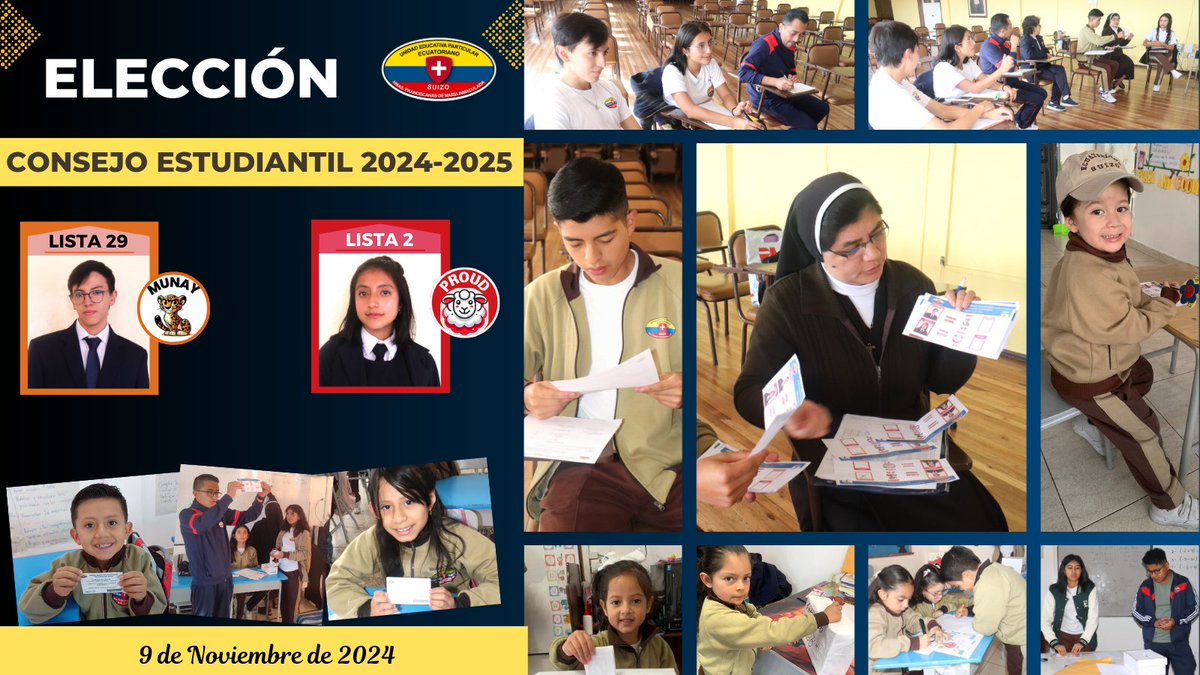 Uepsuizo's tweet photo. Con gran compromiso y liderazgo los estudiantes del #ecuatorianosuizo eligieron al nuevo Consejo Estudiantil para el año lectivo 2024-2025.

Felicitamos a las dos listas postulantes #munay_lista29 y #proud2 por liderar este ejercicio democrático con respeto y transparencia. https://t.co/37DKGgKI5R