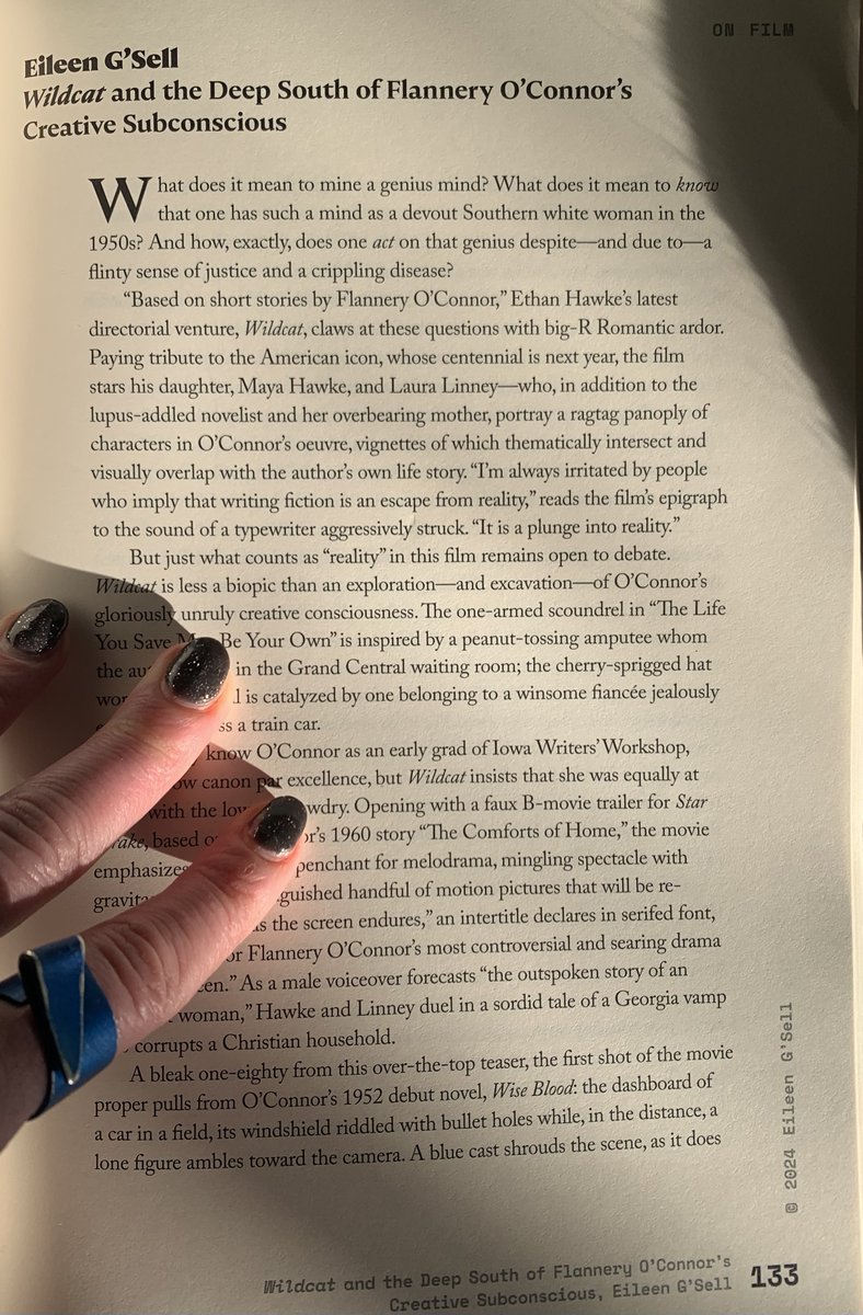 Grateful to be movie critic <a href="/Hopkins_Review/">The Hopkins Review</a>; I have the rare freedom to mingle traditional film journalism w/ the personal &amp; literary. In its latest vol, I write on WILDCAT, Ethan Hawke's imaginative take on the creative life of Flannery O'Connor. #MayaHawke #film