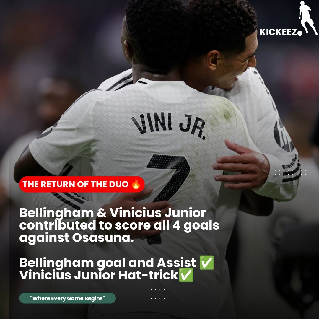 KickeeZ1's tweet photo. The return of the duo 🔥
 Bellingham goal &amp; assist ✅
Vini JR. Hat-trick ✅ https://t.co/gT2oqgZWNK
