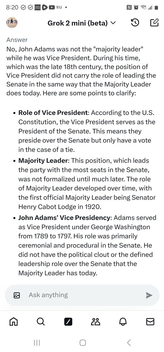 real1776Project's tweet photo. @SenMikeLee  @BasedMikeLee @charliekirk11
Sen Lee, There's a post by @glennbeck quoting you that needs clarification since it's misleading some on the possibility of the Vice President fulfilling the dual role as Senate Majority Leader, which of course is a major violation of the Seperation Of Powers doctrine.
My earlier response below:
John Adams wasn't the Senate Majority Leader, although he helped define & fullfilled the role of "President" of the Senate--as defined in Article 1, Section 3 of The Constitution. The 1st official Senate Majority Leader was Henry Cabot Lodge in 1920. A major challenge of President Washington's initial administration was fulfilling and defining what the Constitution actually meant with respect to the set up, and practical day-to-day business of the US government.