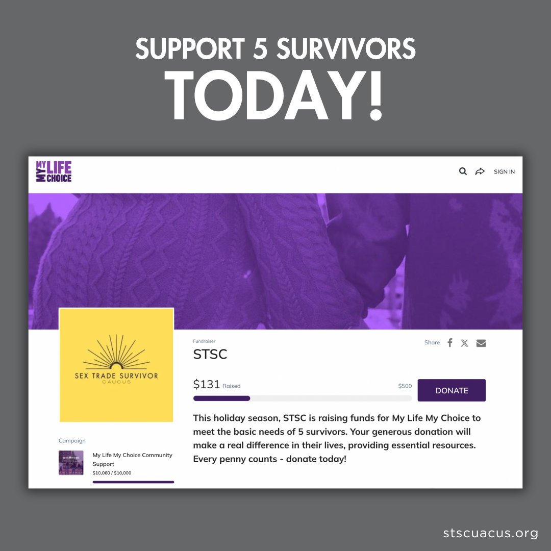 STSCaucus's tweet photo. You can be the person to change a life today. Donate to our fundraiser for @mylifemychoice today and be that person! https://t.co/ogCqopJMS2
-
#STSC #MyLifeMyChoice #EndExploitation #STSCaucus https://t.co/ozOn0SYo4O