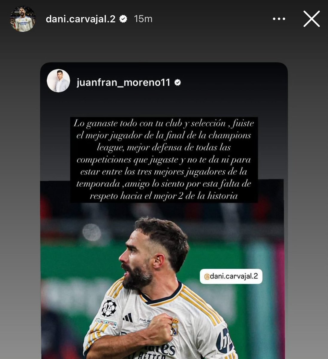 🚨 Dani Carvajal acaba de resubir esta historia en su historia de Instagram: