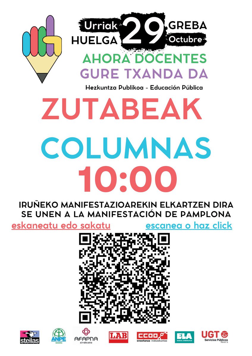 Huelga en la educación pública de #Navarra 

🎈 Encierros en institutos, caravanas desde diferentes localidades y numerosas movilizaciones marcarán la jornada. 

👉 ¿Ratios de hasta 33 alumnos? ¿mayor carga burocrática? ¡Vale ya!

#U29grebara  #29OHuelga