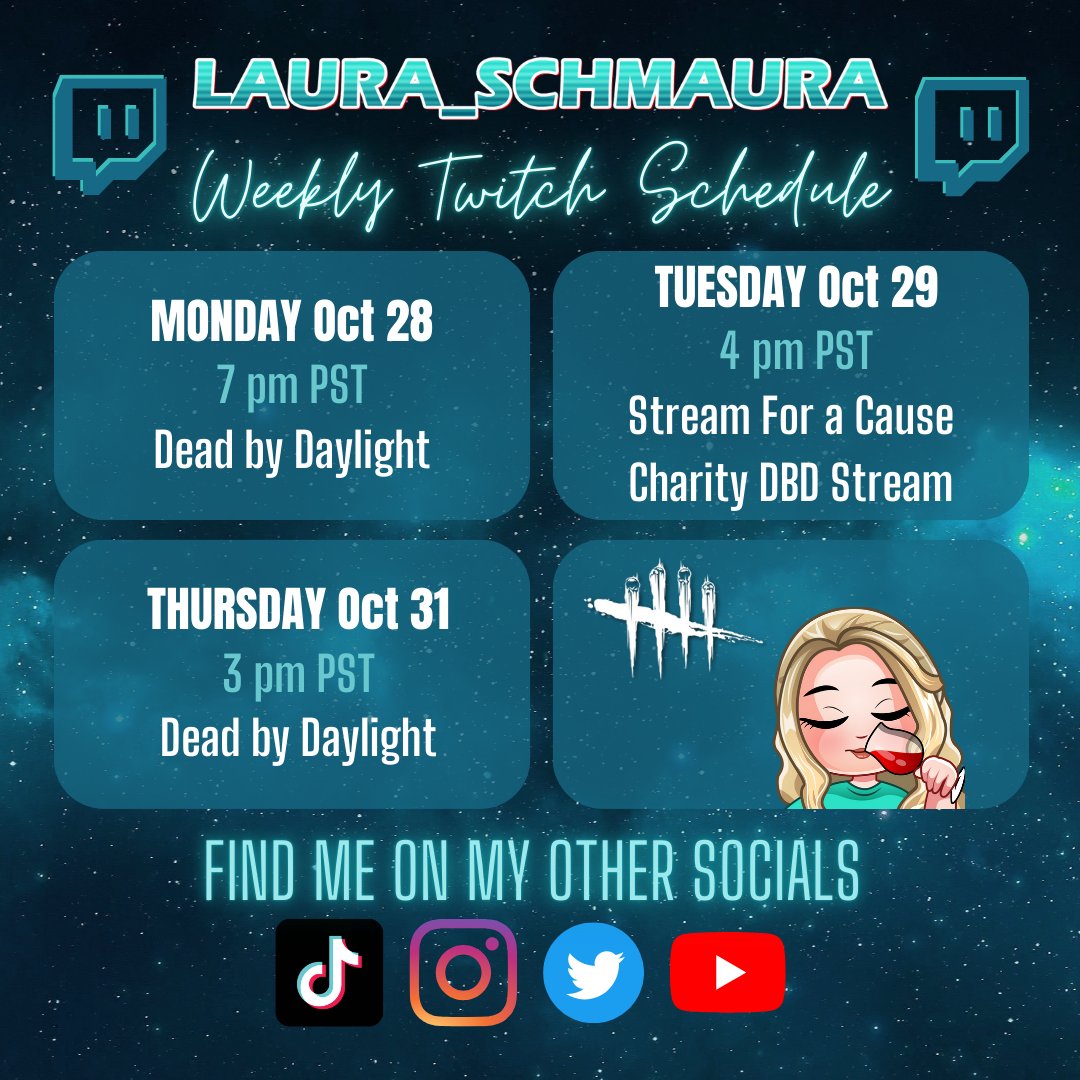 Laura_Schmaura (@laura_schmaura) on Twitter photo Schedule for the week is here! Tuesday I'll be raising some money for <a href="/Streamcause/">Stream for a Cause</a>! Got some fun incentives and milestones for donations that I'll reveal tomorrow! And on Thursday, we'll do an early Halloween stream (in costume!) before I have to leave for a party that night!! Schedule for the week is here! Tuesday I'll be raising some money for <a href="/Streamcause/">Stream for a Cause</a>! Got some fun incentives and milestones for donations that I'll reveal tomorrow! And on Thursday, we'll do an early Halloween stream (in costume!) before I have to leave for a party that night!!