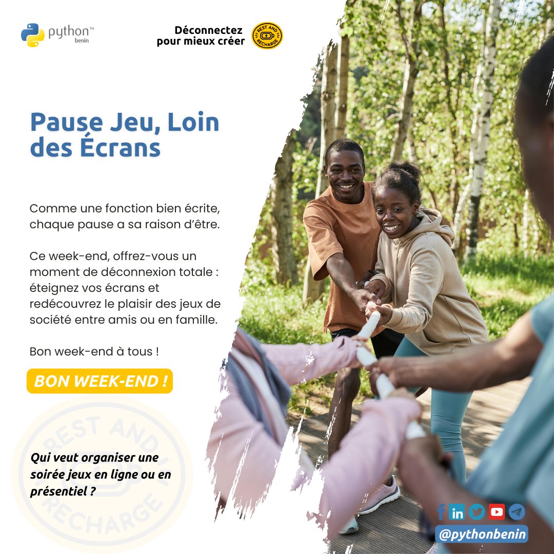 PythonBenin's tweet image. Déconnectez pour mieux créer ! Pause Jeu, Loin des Écrans
Comme une fonction bien écrite, chaque pause a sa raison d’être.
Ce week-end, offrez-vous un moment de déconnexion totale : éteignez vos écrans et redécouvrez le plaisir des jeux de société entre amis ou en famille.