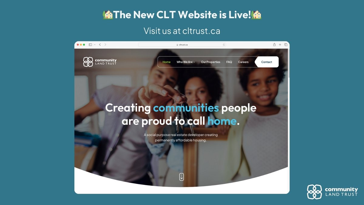 Exciting news! Community Land Trust’s new website is live! Discover our affordable housing portfolio, stay updated, and explore job openings.

🔍 Search properties | 🏡 Get updates | 💼 Find jobs
Visit cltrust.ca and join us in building affordable communities!