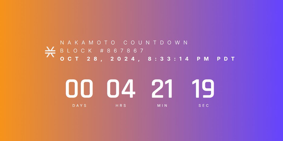T-Minus 4h 20m 69s until #Nakamoto 
Will you be ready for block #867867? 
⏰ Time waits for no one... let’s go! 💎💥 #NakamotoCountdown #StacksCommunity