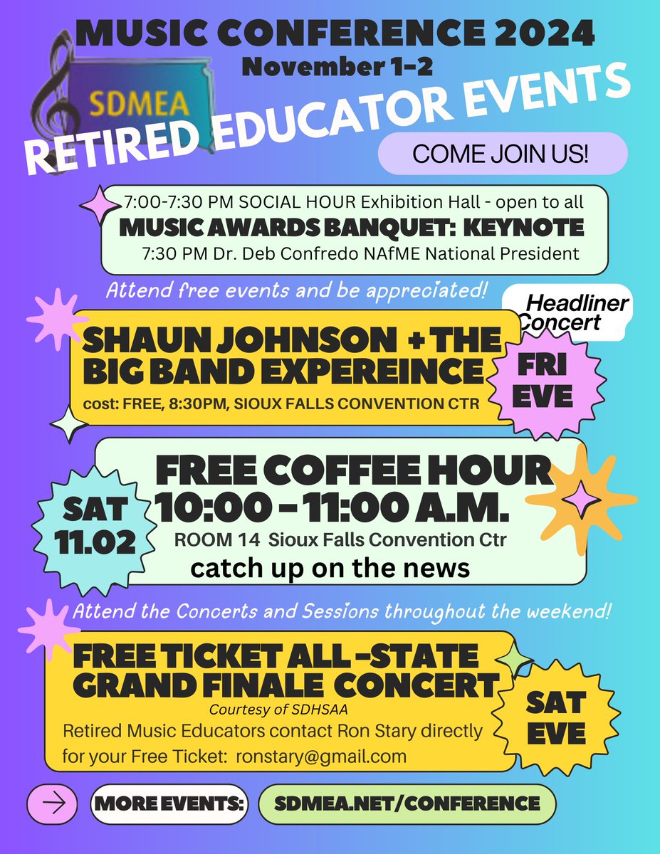 Attention Retired Educators !! Check out these special events during conference to join! 
.
.
If you’re a retired educator there is still time to sign up! Visit sdmea.net/the-state-musi… and register, be sure to register as the “collegiate/retired” option to get your discount!