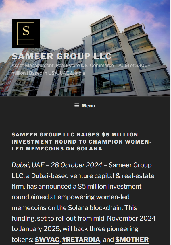 syedsameer's tweet photo. Sameer Group LLC Raises $5 Million Investment Round to Champion Women-Led Memecoins on Solana:

We are announcing a $5 million investment round aimed at empowering women-led memecoins on the Solana blockchain. This funding, set to roll out from mid-November 2024 to January 2025, will back three pioneering tokens: $WYAC, #RETARDIA, and $MOTHER — each led by women who are making a mark in the blockchain and crypto communities.

In addition to its financial backing, Sameer Group LLC will donate 5% of all profits from these investments to a breast cancer charity, selected through a community vote on Twitter/X. 

@WYACSolana @TaylorArmstrong @IGGYAZALEA @Retardia_Solana 

Full press release:

https://t.co/n84WPmMs4S