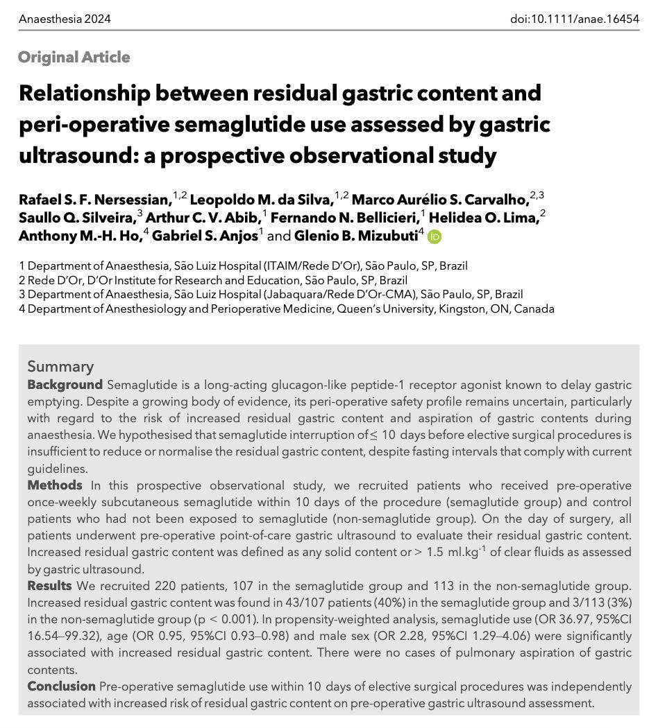 ⚠️ We call for an urgent revision of current societal guidelines recommending a 1-week pre-operative discontinuation interval of semaglutide in patients undergoing elective procedures under anaesthesia ⚠️ 

Peri-op semaglutide use up to 10 days before elective surgical procedures