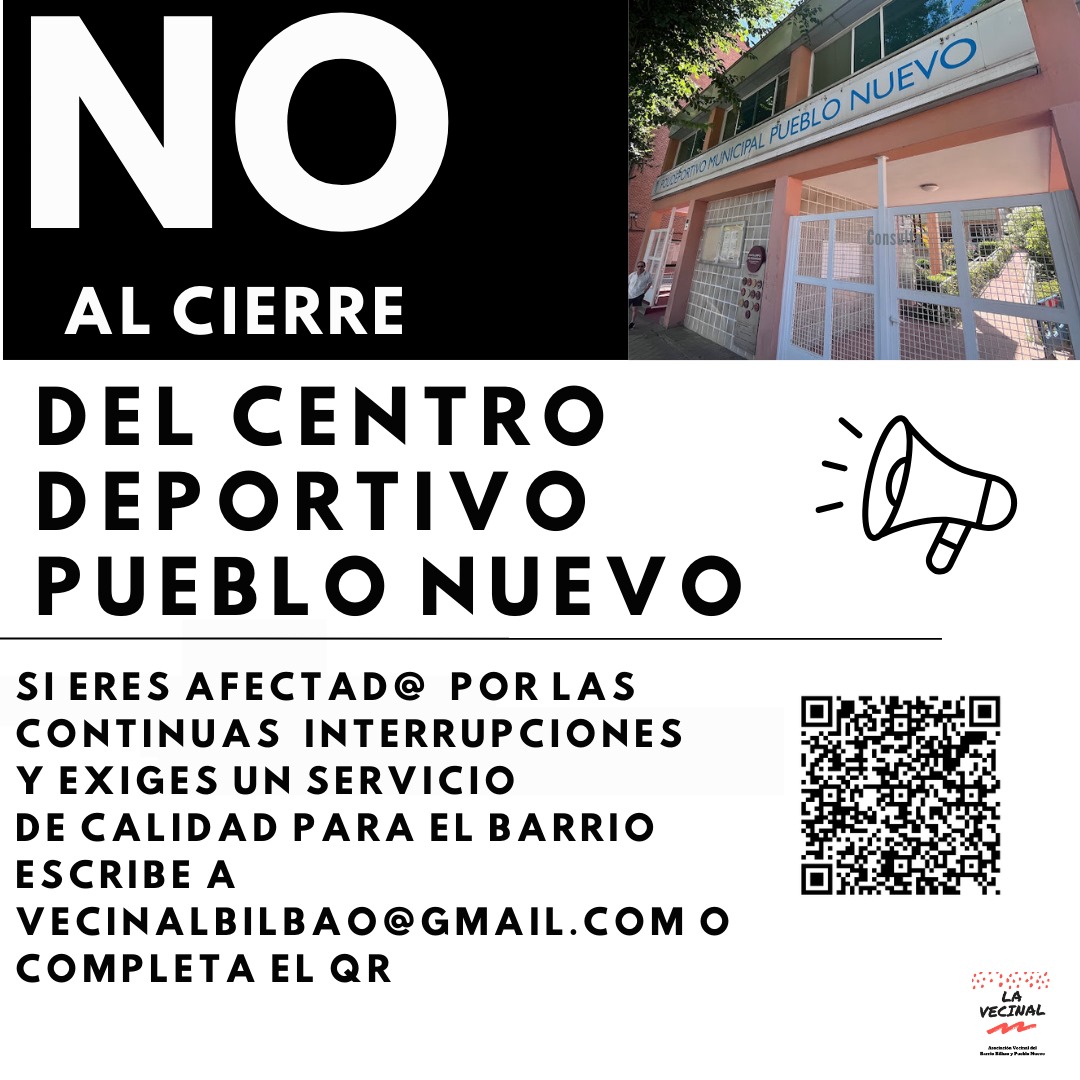 Desde el 1 de noviembre el Centro Deportivo Municipal de Pueblo Nuevo suma un nuevo cierre a los de 2018 y 2023-2024,
y la asociación y el barrio nos hacemos preguntas:
¿Por qué las obras no se han realizado durante los 15 meses de cierre?
¿Su futuro como centro público peligra?