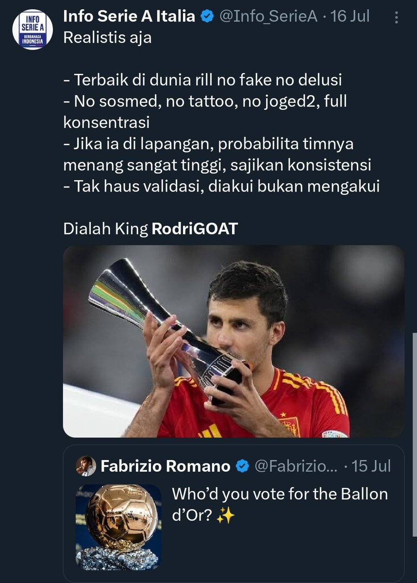 Selamat kepada King RodriGOAT atas Ballon d'Or nya.

Sangat mudah mempreskidi bahwa dia yang akan jadi pemenang. Realistis dari performa &amp; pencapaian.

Diakui bukan mengakui, ialah Rodri 🫡