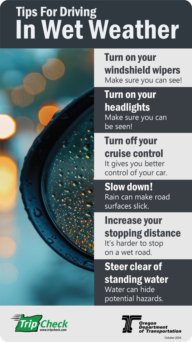 OregonDOT's tweet image. #SWOregon highway drivers: Our crews have been responding to multiple crashes today. As you adjust to fall weather, here are a few reminders for safer driving on wet roads.