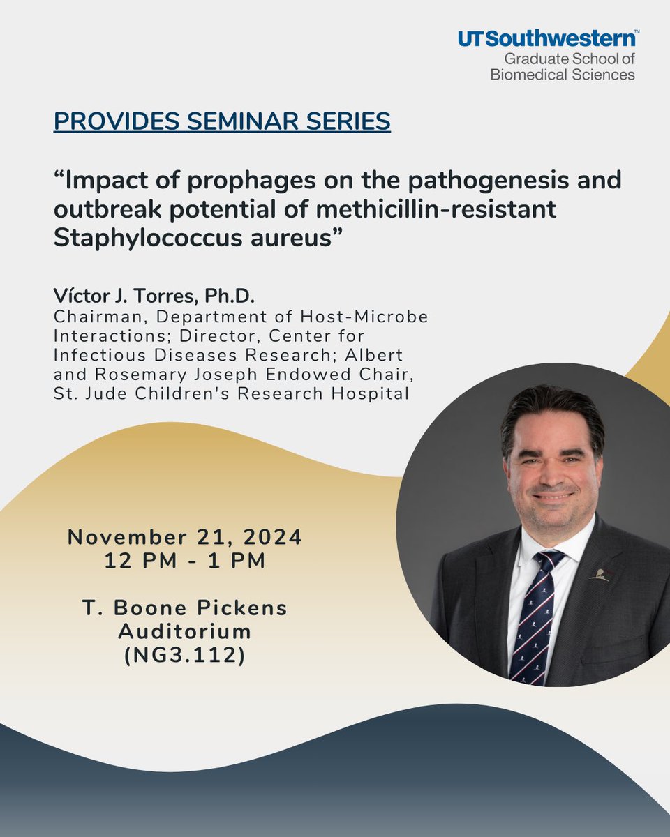 ADiaz_PhD's tweet image. @UTSW_PROVIDES welcomes @TorresVJ_Lab, Chair, Dept. of Host-Microbe Interactions at St. Jude Children&apos;s Research Hospital.

Seminar: “Impact of prophages on the pathogenesis and outbreak potential of methicillin-resistant Staphylococcus aureus”

☑️ Nov 21 at 12-1 pm 📍NG3.112