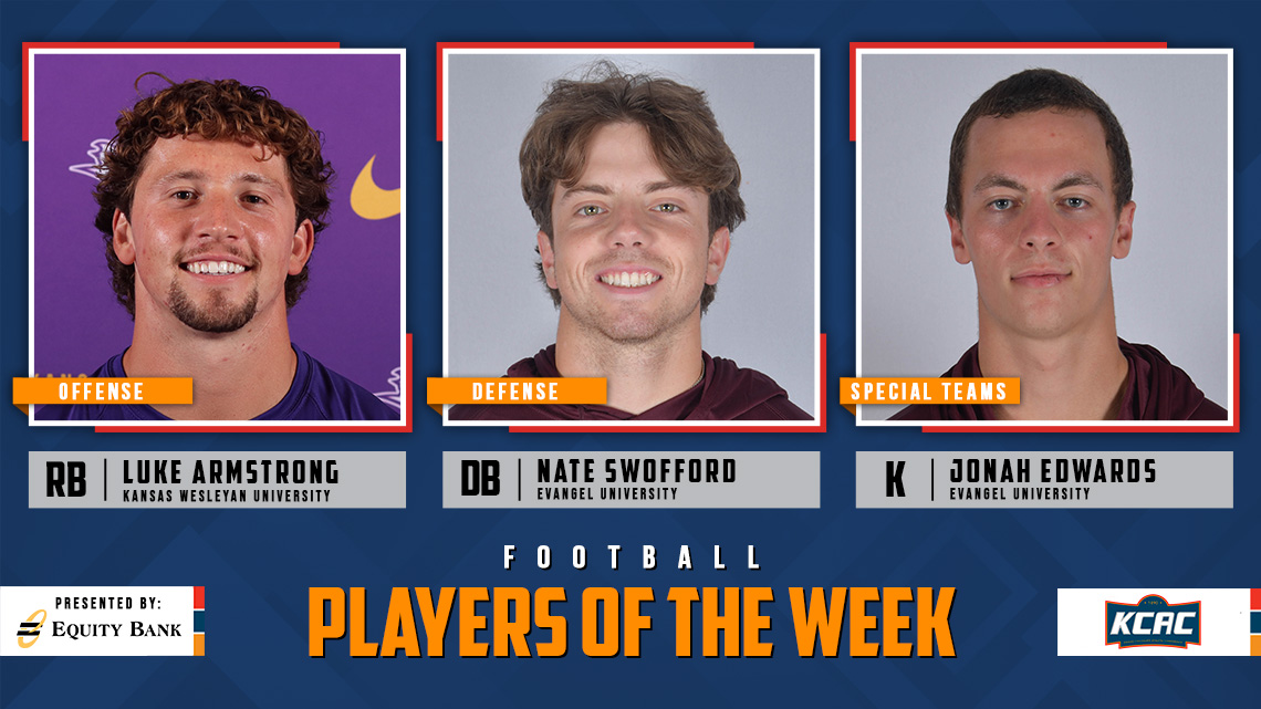 Kansas Collegiate Athletic Conference (@kcacsports) on Twitter photo Luke Armstrong of <a href="/kwucoyotes/">Kansas Wesleyan Coyotes</a>, and Nate Swofford and Jonah Edwards, both of <a href="/EvangelValor/">Evangel Athletics</a>, Earn KCAC Football Weekly Honors, presented by <a href="/EQUITYBANK/">Equity Bank</a>! #KCACfb #LetsBuildEquity #LetsBuildLeaders
kcacsports.com/news/2024/10/2β¦
<a href="/NAIA/">NAIA</a> <a href="/NAIAFBALL/">NAIAFBALL</a> Luke Armstrong of <a href="/kwucoyotes/">Kansas Wesleyan Coyotes</a>, and Nate Swofford and Jonah Edwards, both of <a href="/EvangelValor/">Evangel Athletics</a>, Earn KCAC Football Weekly Honors, presented by <a href="/EQUITYBANK/">Equity Bank</a>! #KCACfb #LetsBuildEquity #LetsBuildLeaders
kcacsports.com/news/2024/10/2β¦
<a href="/NAIA/">NAIA</a> <a href="/NAIAFBALL/">NAIAFBALL</a>