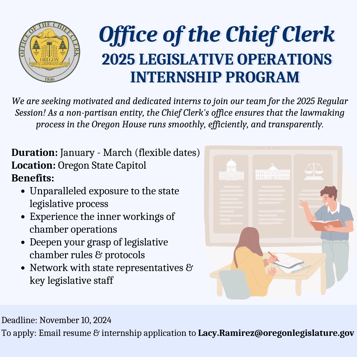 ORChiefClerk's tweet photo. Are you a college student looking to take the first step toward a career in state government? Apply to be our next intern for the upcoming 2025 Regular Session!

More information and the application can be found here: https://t.co/XaxWSCUNt8 https://t.co/TOW4FxEagS