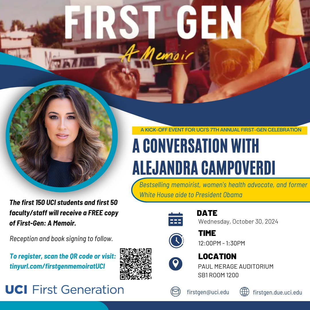 Kickoff the <a href="/UCIrvine/">UC Irvine</a> First-Gen Celebration: Wed 10/30, 12:00-1:30pm Alejandra Campoverdi will host a talk and signing for her book First Gen: A Memoir.: tinyurl.com/firstgenmemoir… 
#CelebrateFirstGen #FirstGenUCI #UCIFirstGen