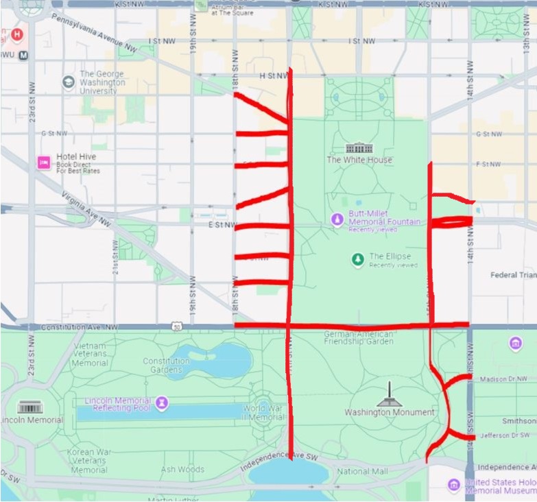 Here's a map I made of road closures tomorrow (Tuesday) from 12 p.m. to 10 p.m. for Vice President Harris' speech on the Ellipse in DC. "All street closures and listed times are subject to change based upon prevailing or unexpected conditions," -<a href="/DCPoliceDept/">DC Police Department</a>