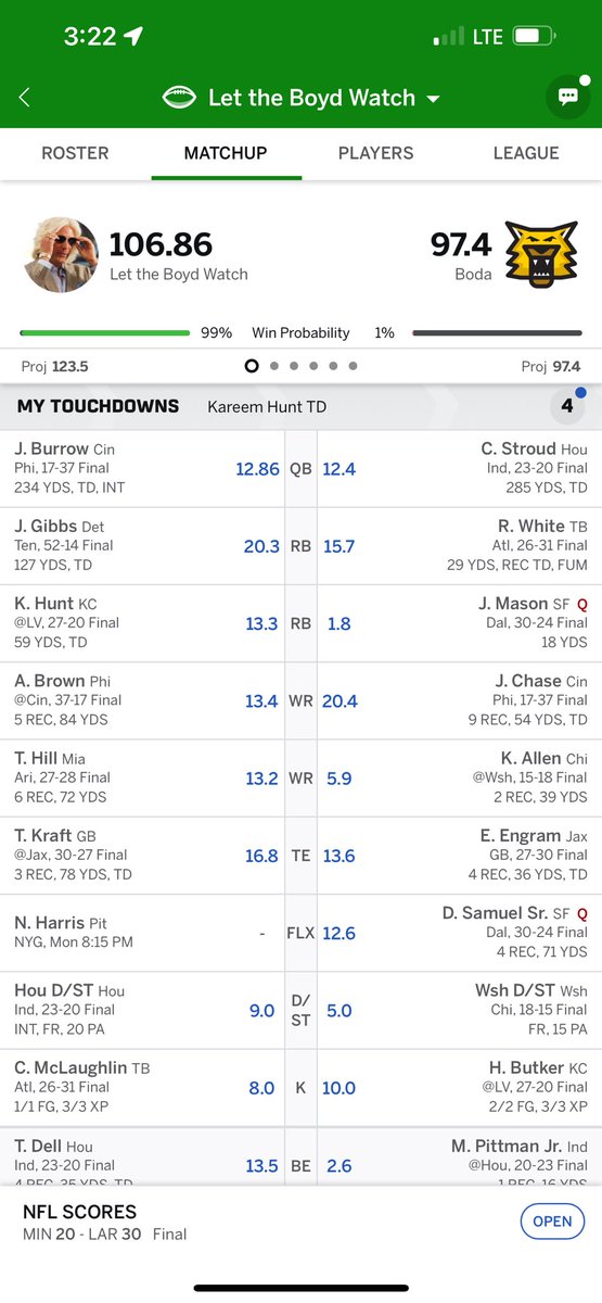 CommishHFFL's tweet photo. A solid Sunday performance from the lads gives us a lead heading into Monday night.

Najee gets the nod in the Flex. Let’s go!!!

@HudsonFFL https://t.co/BRt4OwXlDx