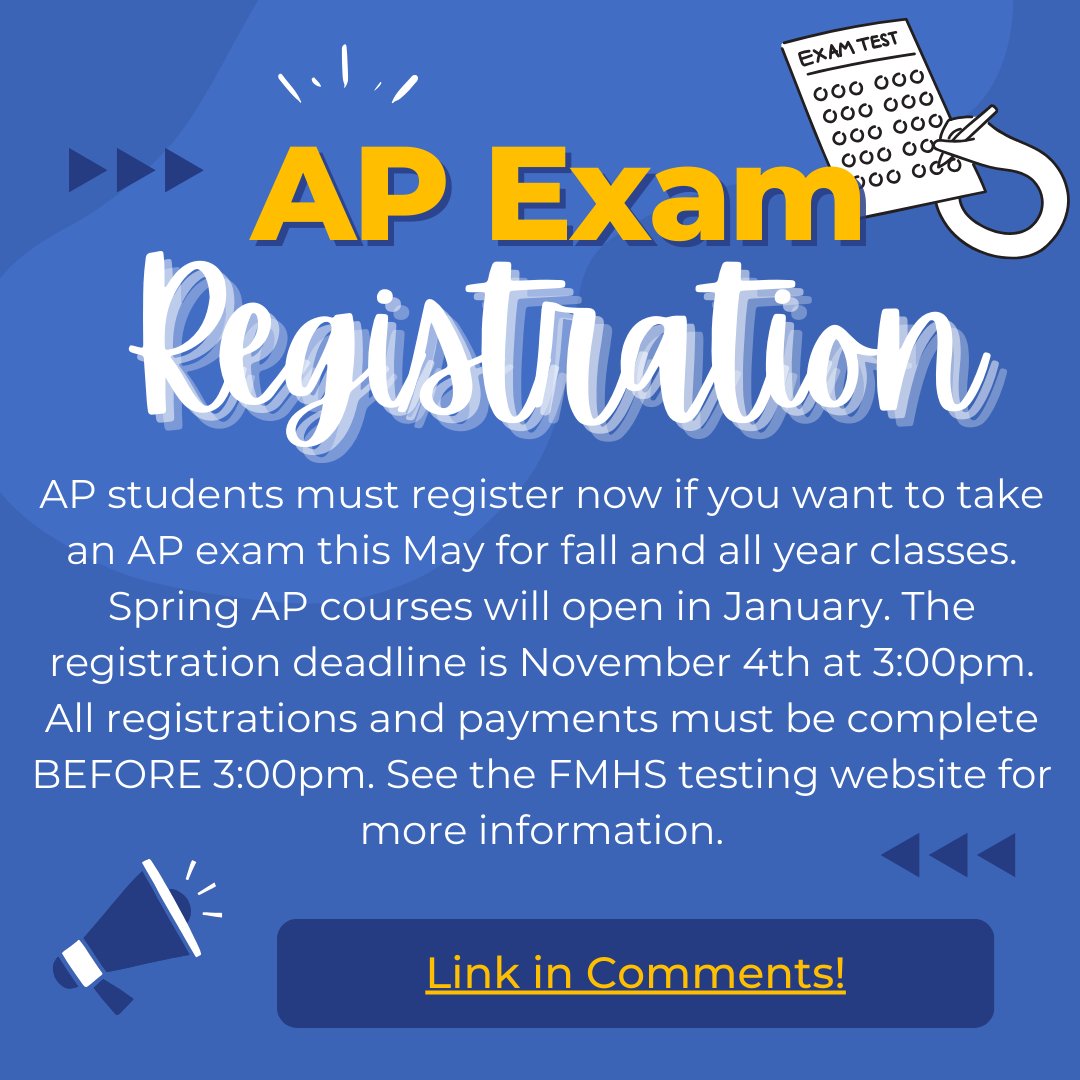 FlowerMoundHS's tweet photo. AP students must register now if you want to take an AP exam this May for fall and all year classes. Spring AP courses will open in January. The registration deadline is November 4th at 3:00pm. Go to https://t.co/EOoHaJIvhR https://t.co/gwBdoQ3Enr