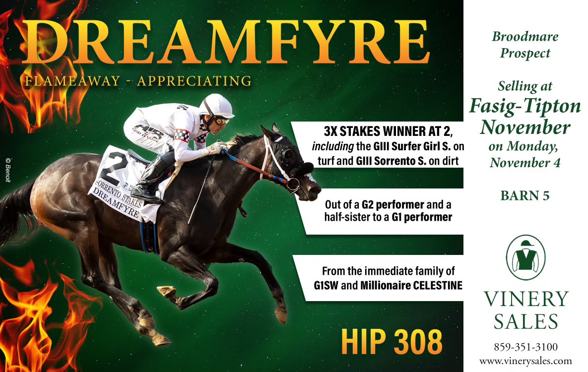 Thanks for the ride Dreamfyre <a href="/FasigTiptonCo/">Fasig-Tipton</a> <a href="/vinerysales/">Vinery Sales</a> <a href="/PreissDan/">Dan Preiss</a>  <a href="/ojjauregui/">O.J. JAUREGUI</a>