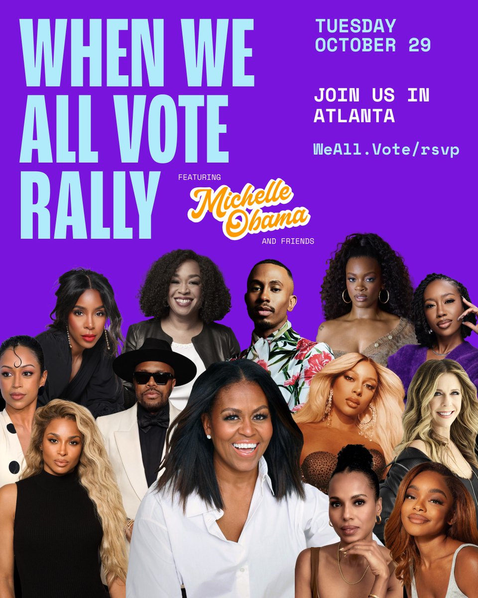 WhenWeAllVote's tweet photo. ROLL CALL 🥁 Introducing the lineup for our When We All Vote Rally in Atlanta, TOMORROW, October 29.

We are so excited for many of our Co-Chairs and Ambassadors to join to celebrate first-time voters and early voting! Sign up to join us in Atlanta at https://t.co/hlYNa4VWqJ. https://t.co/wiV3Q9N66r