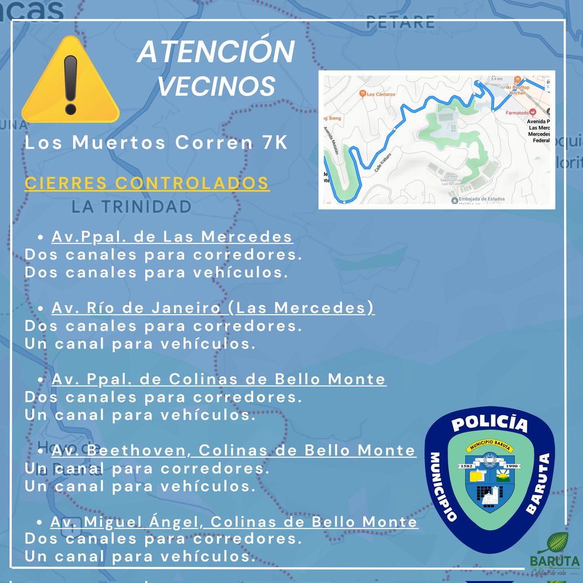 PoliBaruta's tweet photo. ¡Atención!
Miércoles 30 de octubre
Carrera &amp; Caminata
Los Muertos Corren 7K
Ruta
📍Av. Ppal. de Las Mercedes
📍Av. La Guarita, Las Mercedes
📍Av. Río de Janeiro dirección Colinas de Bello Monte
📍Av. Ppal. Colinas de Bello Monte
📍Calle Oxford
📍Av. Miguel Ángel

⬇️Información⬇️ https://t.co/5eyluUnlLP