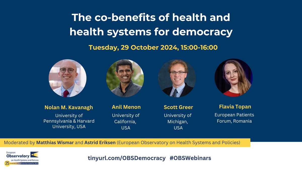 European Observatory on Health Systems & Policies (@obshealth) on Twitter photo ⏰ Join us to explore the linkage between #health and #democracy in a few of hours! #OBSwebinars
➡️ Tue 29 October 15:00 CET
📌 Register now or save the link to the recording eurohealthobservatory.who.int/news-room/even…
w/ <a href="/scottlgreer/">Scott L. Greer 🇺🇦</a> <a href="/Flavia_Topan/">Flavia Topan</a> <a href="/eupatientsforum/">European Patients' Forum</a> <a href="/nolankavanagh/">Nolan M. Kavanagh</a> <a href="/armenon_memorie/">Anil Menon</a> ⏰ Join us to explore the linkage between #health and #democracy in a few of hours! #OBSwebinars
➡️ Tue 29 October 15:00 CET
📌 Register now or save the link to the recording eurohealthobservatory.who.int/news-room/even…
w/ <a href="/scottlgreer/">Scott L. Greer 🇺🇦</a> <a href="/Flavia_Topan/">Flavia Topan</a> <a href="/eupatientsforum/">European Patients' Forum</a> <a href="/nolankavanagh/">Nolan M. Kavanagh</a> <a href="/armenon_memorie/">Anil Menon</a>