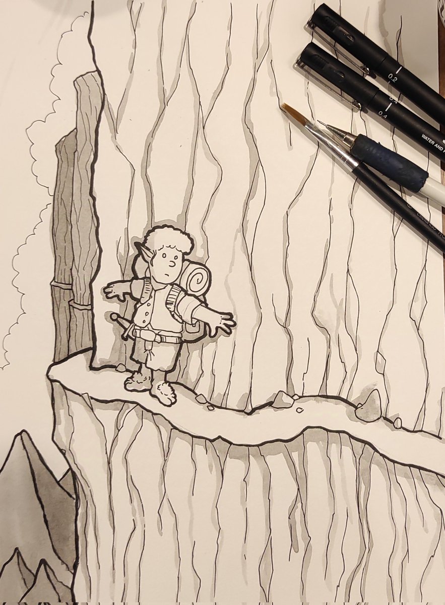 markusfreaker's tweet photo. Día 27, camino. Hoy voy con retraso, más del normal. #inktober2024 #road #hobbit #mountains #nature #cliff #danger #tolkien #travel  #path #solitude #savage #ink #bnw #adventure #rpg #drawing https://t.co/YYYb4PkhxJ