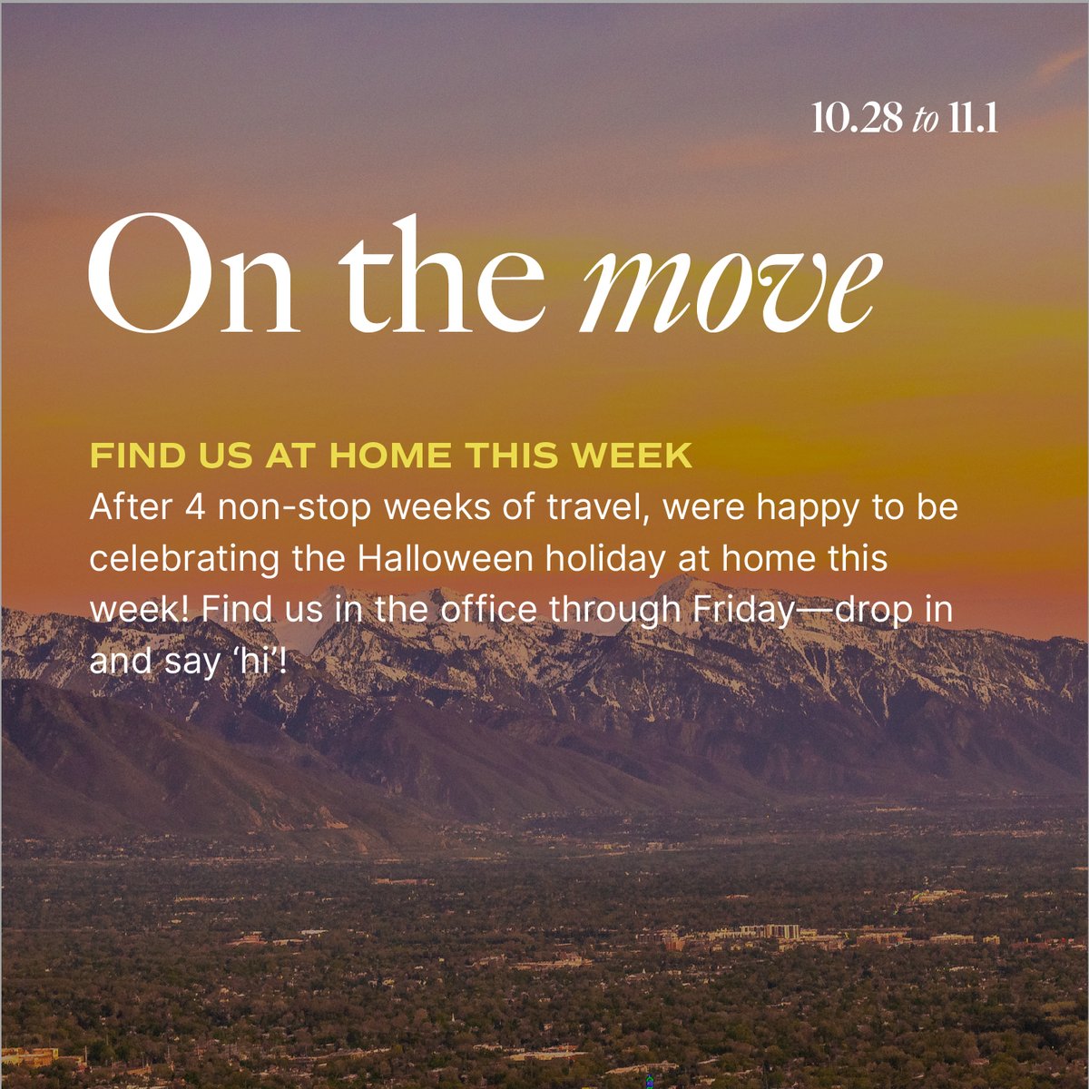 mercatopartners's tweet photo. It's been a non-stop month! After trips to NYC, Detroit, St. George, Louisville, Chicago, Cincinnati, Columbia, Atlanta, Los Angeles, Las Vegas, Dallas, and Birmingham 😅....we're staying firmly planted at home this week—bring on Halloween! https://t.co/6MsuOECTHJ