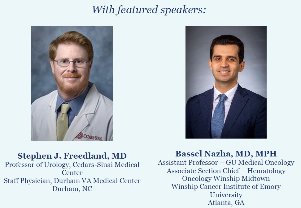 🗓️ Join us on Nov 13, 5:00-5:45 PM ET for a live webinar on reducing health disparities in advanced #ProstateCancer care! 

Hear from Dr. Stephen J. Freedland &amp; Dr. Bassel Nazha on evidence, barriers, and strategies for better outcomes.

👉 Register now 
catmeded.com/prostate-cance…