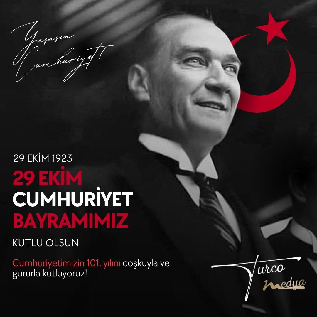 turcomedya's tweet photo. Gazi Mustafa Kemal Atatürk'ün önderliğinde yazılan kurtuluş destanının gururunu, heyecanını ve bu destanın varış noktası olan Cumhuriyetimizin ilanının 101. yıldönümü kutlu olsun! 🇹🇷

#29ekimcumhuriyetbayramı #cumhuriyetbayramı https://t.co/M80ISmCHS5