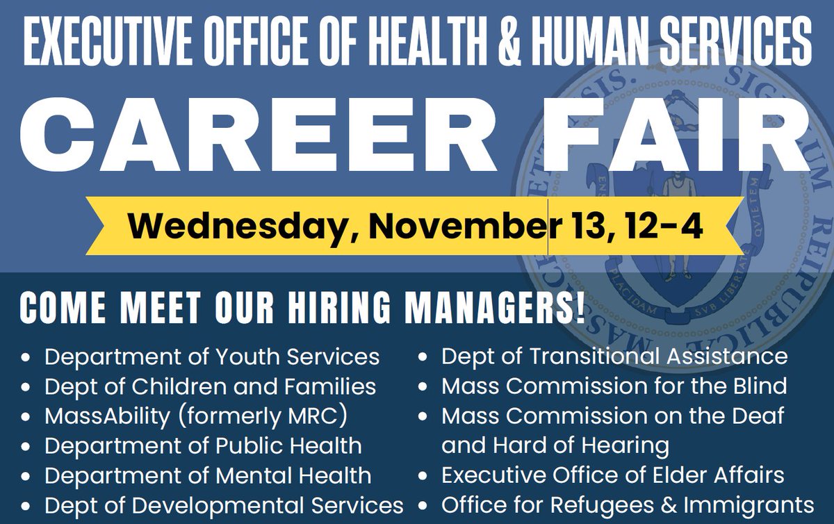 Massachusetts DMH (@massdmh) on Twitter photo The <a href="/MassHHS/">Mass. Health and Human Services</a> is hosting an in-person hiring event on Wednesday November 13, 2024, from 12p-4p at Quinsigamond Community College (Harrington Learning Center) located at 670 West Boylston Street Worcester MA 01606. Register today: masshirecentralcc.com/mastate The <a href="/MassHHS/">Mass. Health and Human Services</a> is hosting an in-person hiring event on Wednesday November 13, 2024, from 12p-4p at Quinsigamond Community College (Harrington Learning Center) located at 670 West Boylston Street Worcester MA 01606. Register today: masshirecentralcc.com/mastate