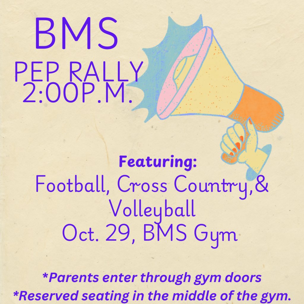 benton_middle's tweet photo. BMS Pep Rally, Tuesday, Oct. 29 at 2:00 p.m. in the BMS Gym! Parents, please enter through the gym doors and sit in the reserved section in the middle of the gym. We will be recognizing Football, Cross Country, and Volleyball! Go Tigers! 💜🏃🏽‍♀️🏃🏽‍♂️🏐🏈💛 https://t.co/Z1O6eSaTse